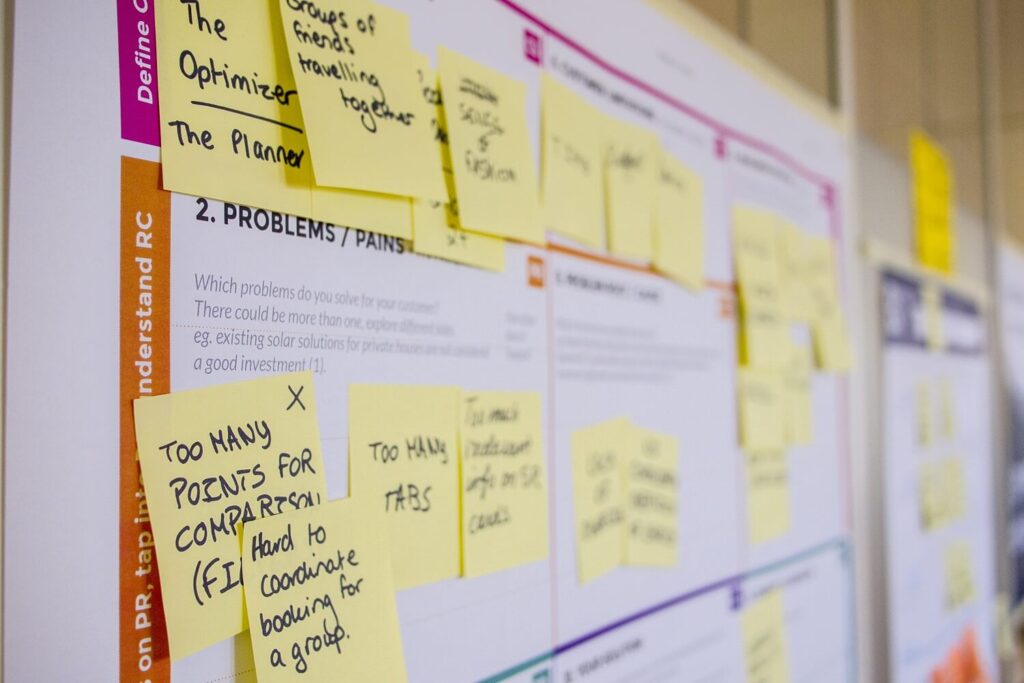 A board with a product development chart and post-it notes